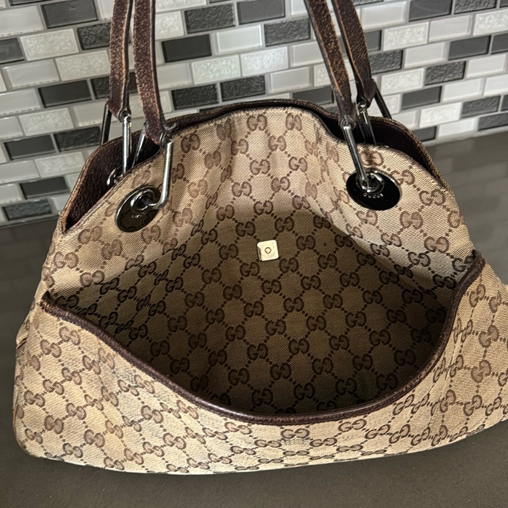 *SOLD*Authentic GUCCI Logo GG Canvas Eclipse Medium Shoulder Bag - Leather Brown - Picture 12 of 15